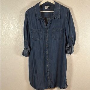 Soft Surroundings Chambray Button Down Shirt Dress Roll Tab Sleeves Size PL